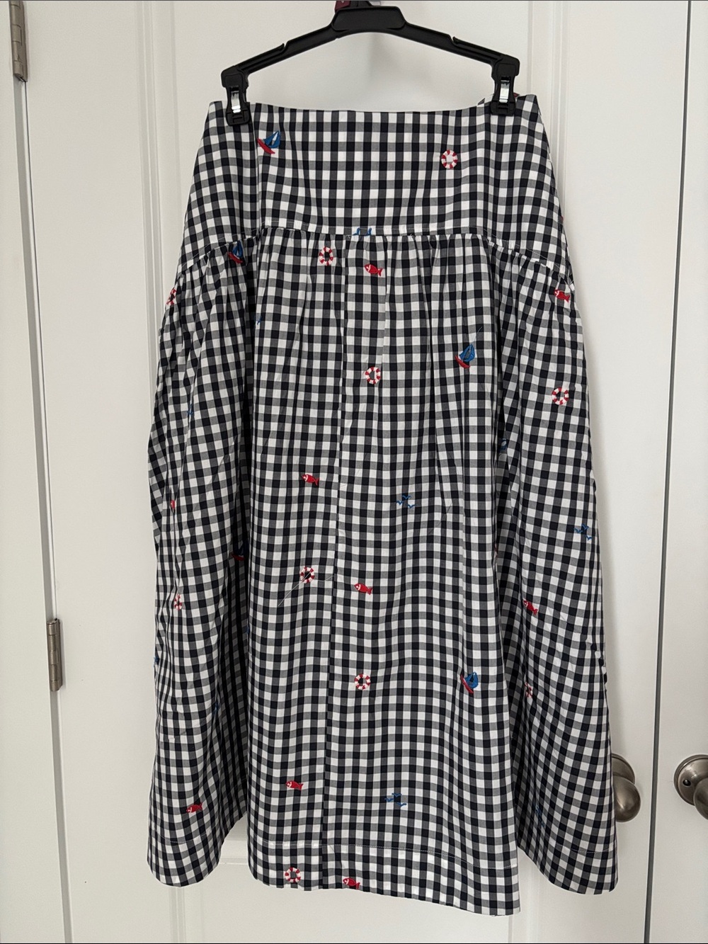 Black & White Gingham Maxi Skirt with Red and Blue Embroidery